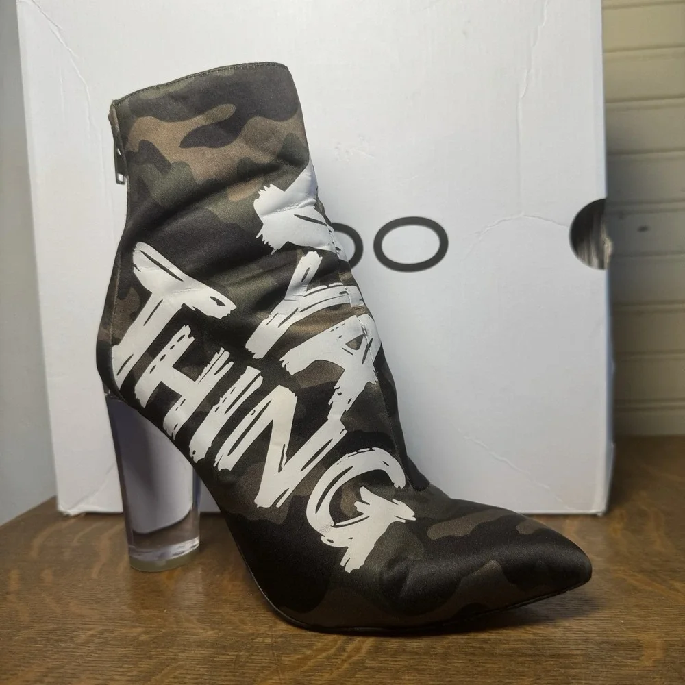 ALDO Oceani Camo Graffiti Clear Heel Ankle Boots Women's US 6 w/ Box